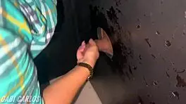 Housewife used in gloryhole while husband masturbates