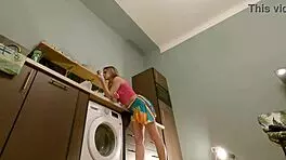 hot brunette babe strips in kitchen under skirt 😍