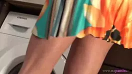 hot brunette babe strips in kitchen under skirt 😍