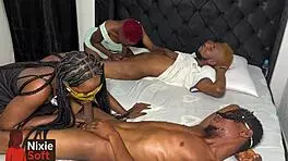 feeling submissive in oiled foursome, blowjobs with cute ebony babes.