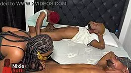 feeling submissive in oiled foursome, blowjobs with cute ebony babes.