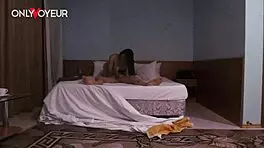 Homemade voyeur captures passionate after-party hotel fuck, horny chick moaning in cowgirl position.