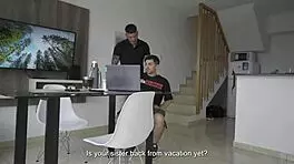 dirty talking with muscular bodybuilder, fucking his petite sister and playing with her feet at home 😏👣