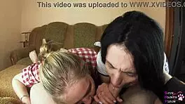 Easter threeway turns into intense cocksucking session with amateurs on bed, deepthroat and mouthful.