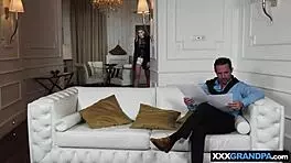 Skinny inked blonde teen Lulu Love gives blowjob to old guy for job.