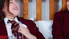 Two british students have a masturbation race in their uniforms