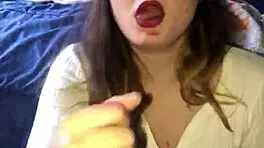 teen with lipstick performs blowjob and handjob then gets rough cumshot in pov view