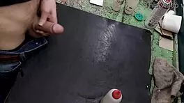 Masturbating Big Cock on Workbench at Work