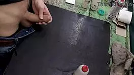 Masturbating Big Cock on Workbench at Work