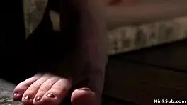 Master straps petite slave in wooden box for hardcore fucking.