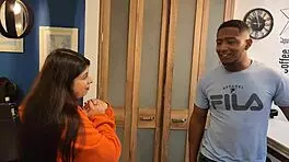 Busty Jennie seduces pizza guy for hot interracial kitchen banging.