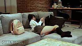 Innocent babe wets pussy with dildo for daddy 😏