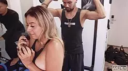 Colombian girl's fantasy with three guys in gym
