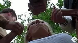 Cute blonde slut harmony hex goes dogging to suck off and get spunked on by three big dick strangers