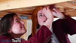 Two college students milk a guy's cock with lesbian blowjob, handjob, and cumshot on uniforms