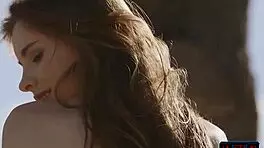 Petite Russian centerfold Kate Chromia strips outdoors, ripping clothes to reveal hairy pussy and tits.