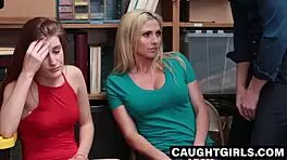 redhead teen and busty milf screwed for shoplifting, trained thief duo meets big dicked security