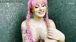 Kanroji Mitsuri uses her big breasts to pleasure you. She makes you cum hard!