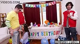 Boyfriend Freely Uses Girlfriend on Birthday. Hardcore Action in Front of Friends.