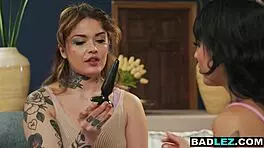 Tattooed Lesbian Latina MILF Uses Anal Beads on Petite 18+ Friend