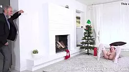 Old neighbor man passionately licks young girl's shaved pussy during christmas