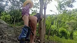 Dirty old decrepit man fucks his own busty stepdaughter in the jungle