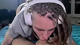 headphones can't stop her from sucking hard cock like a slut!