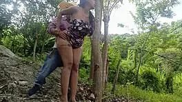 Dirty old decrepit man fucks his own busty stepdaughter in the jungle