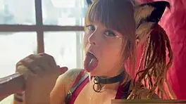 Cute Cosplayer Drools on Thick Cock in Throat with Teasing Tongue and Glasses