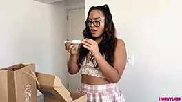 Linda says, 'I bought this huge toy online and I'm going to try it out while my parents are gone.' She masturbates until she squirts.