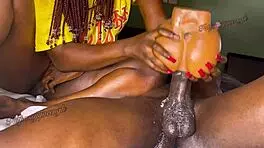 ebony african teen with big ass milks bbc from behind while fucking his sextoy