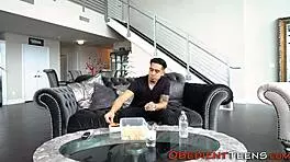 Fetish teen 18+ worships big cock and gets mouth spermed.