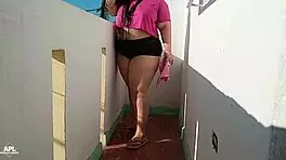 uh, my neighbor always teases on the balcony in tiny clothes, so i invited her over to devour her huge ass with a creampie, part 1!