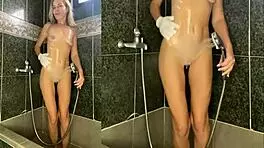 In hospital, hot blonde milf strips and washes wet pussy