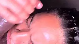 Cute Brunette Gives Slobbery Blowjob to Huge BBC in Bathroom With Deepthroat and Ball Licking Until Cumshot