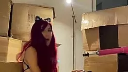 i'm a red haired teen beauty dancing sexy striptease then setting up sex machine with dildo in my mouth