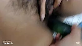 Trio with best friend and husband using toys for cumshot fun.