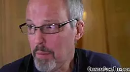 teen gets bent over and railed hard by old man in doggystyle with cum in mouth