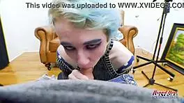 Petite blue haired raven finger fucks twat and sucks juicy big cock