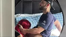 Brazilian redhead babysitter bent over in doggystyle with husband on bed