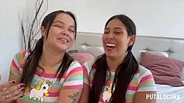 two cute colombian teens give handjob and swallow cum in bedroom.