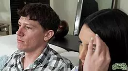 I can't believe my buddy pulled out his cock for that brunette to deepthroat on the sofa