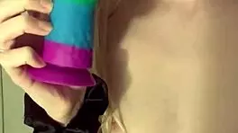 Tiny petite amateur with small tits rides huge dildo thicker than her arm deep in her little pussy, orgasms and leaks cum into used panties.