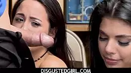 Twin step sisters get caught shoplifting and punished with blowjobs in the garage