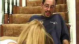 Young blonde gets cum facial after riding old man in group doggystyle