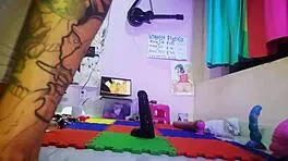 Crossdressing shemale in pigtails gives jerk off instructions before bbc creampie