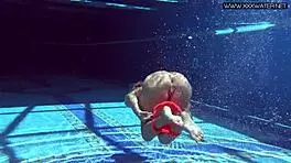 very hot russian pornstar mary kalisy bathing in bikini by the pool, getting nude outdoors