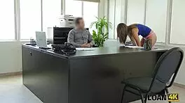 man intensely uses young student girl as whore in his big office for cash