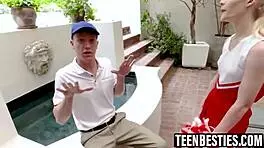 cheerleader besties find big cock during practice, deepthroat pov before foursome doggystyle