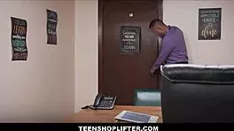 Skinny Blonde Teen 18+ Reporter Watches Tape Of Petite Ebony Teen 18+ Shoplifter With Mall Cop